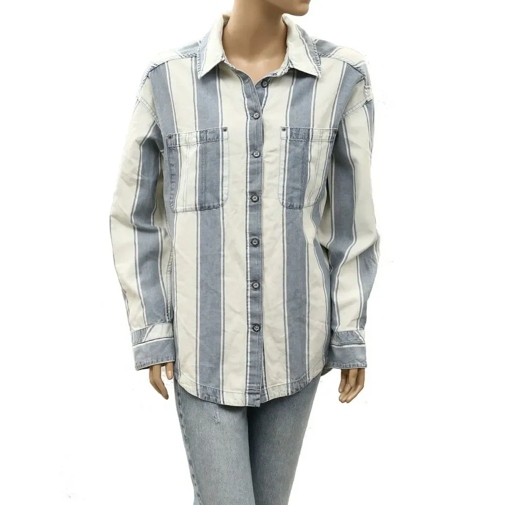 Free People We The Free Crossroads Striped Button Down Shirt Top Print XS 288557